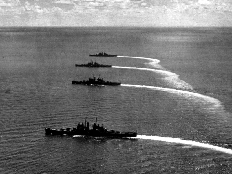 The U.S. Navy Cruiser Divison 12 in Havannah harbor at Éfaté Island in 1943, in colonial New Hebrides (present day Vanuatu).
CRUDIV 12 consisted of the Clevland-class light cruisers USS Cleveland (CL-55), USS Columbia (CL-56), USS Montpelier (CL-57), flagship, and USS Denver (CL-58).