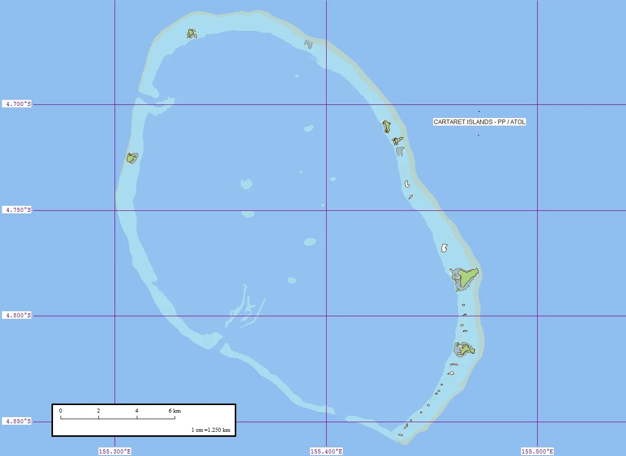 Map of Carteret Atoll (also known as Kilinailau or Tulun Islands), Papua New Guinea