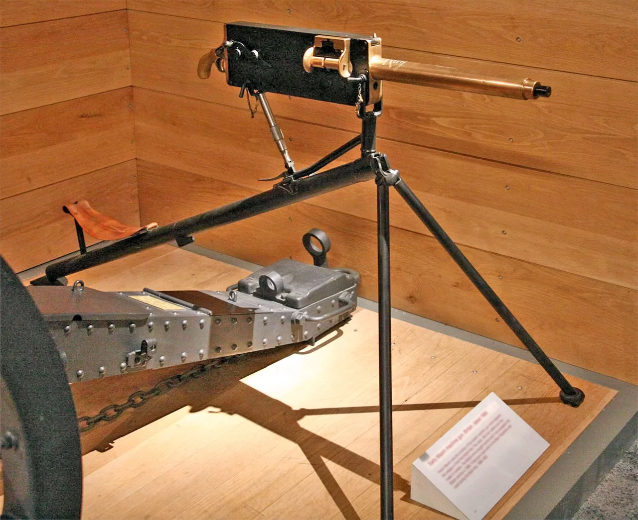 A photograph of a .303 Maxim machine gun Extra-Light Model of 1895 at Firepower - The Royal Artillery Museum.