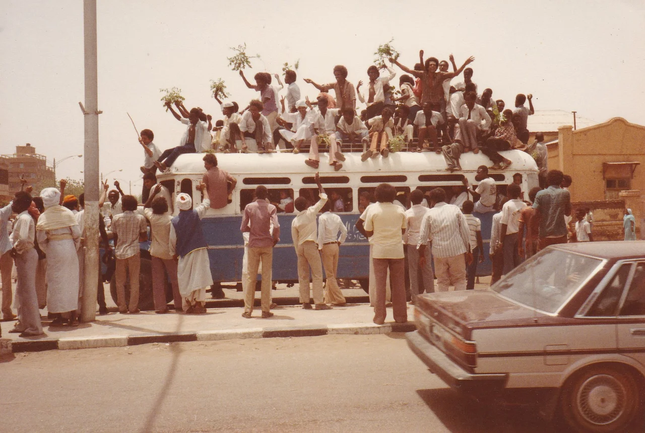 On the streets of Khartoum Sudanese celebrate the overthrow of Jafar Numeri in the1985, 6th April Revolution.