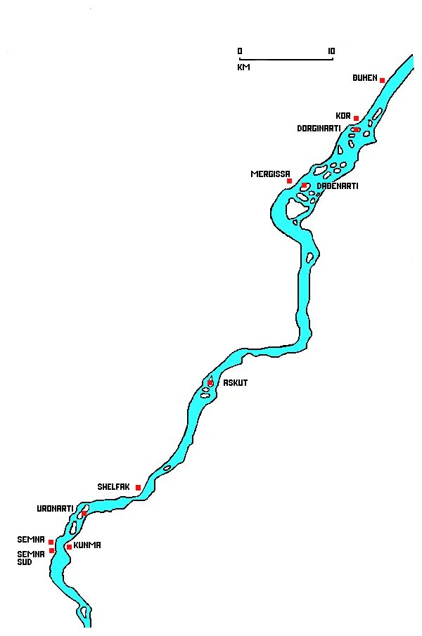 Mappa delle fortezze egizie lungo il Nilo all'altezza della seconda cateratta