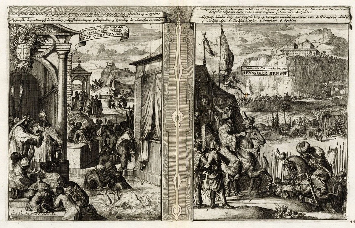 Medieval French and Dutch depiction of the baptism of the Abyssinians, Muscovites, and Chinese, along with the mountaintop fortress of Amba Geshen.