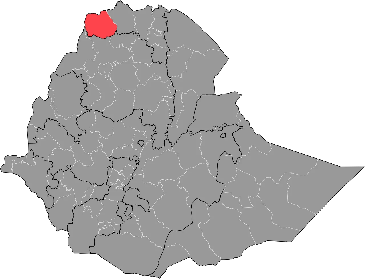 Ethiopia zones map with Western Tigray enlighted.