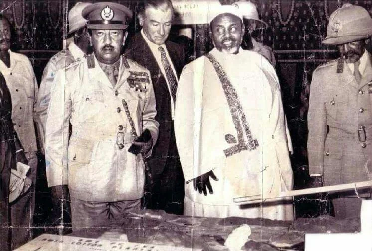 Sultan Ali Mirah of Afar with Emperor Haile Selassie on the right and the Emperor's son Crown Prince Asfaw Wossen on the left.