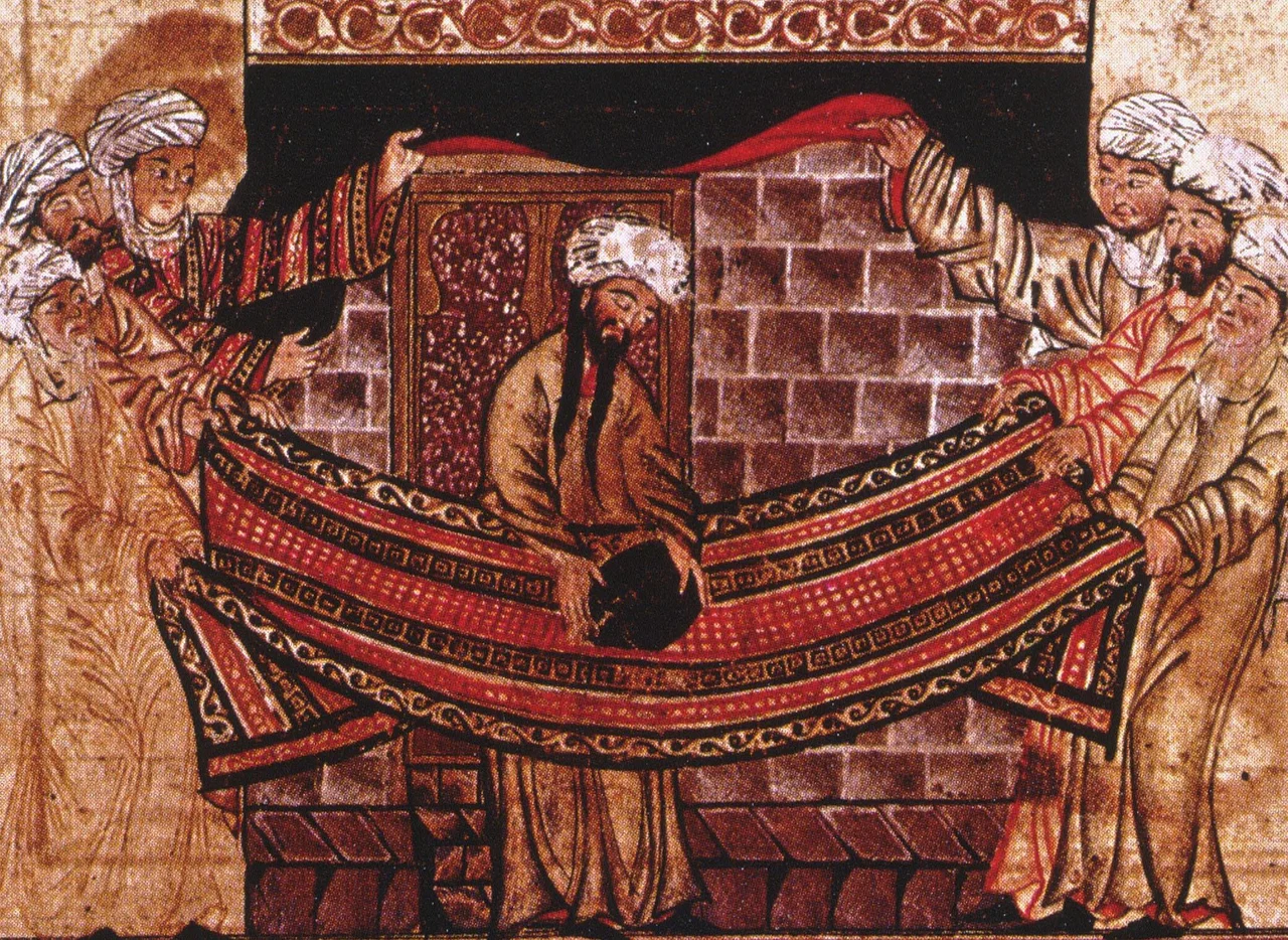 The Islamic prophet Muhammad solves a dispute over lifting the black stone into position at al-Kaaba. Note from pp. 100-101 of "The illustrations to the World history of Rashid al-Din / David Talbot Rice ; edited by Basil Gray. Edinburgh : Edinburgh University Press, c1976." - In the center, Prophet Muhammad, with two long hair plaits, places the stone on a carpet held at the four corners by representatives of the four tribes, so that all have the honor of lifting it. The carpet is a kelim from Central Asia. Behind, two other men lift the black curtain which conceals the doors of the sanctuary. This work may be assigned to the Master of the Scenes from the Life of the Prophet.