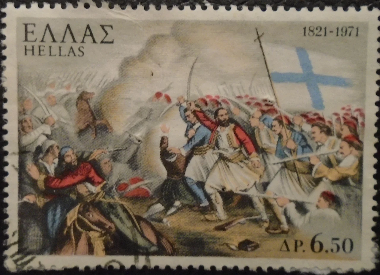One of the Greek stamps, issued in 1971, on the 150th anniversary of the Greek Revolution of 1821 showing the Battle of Maniaki