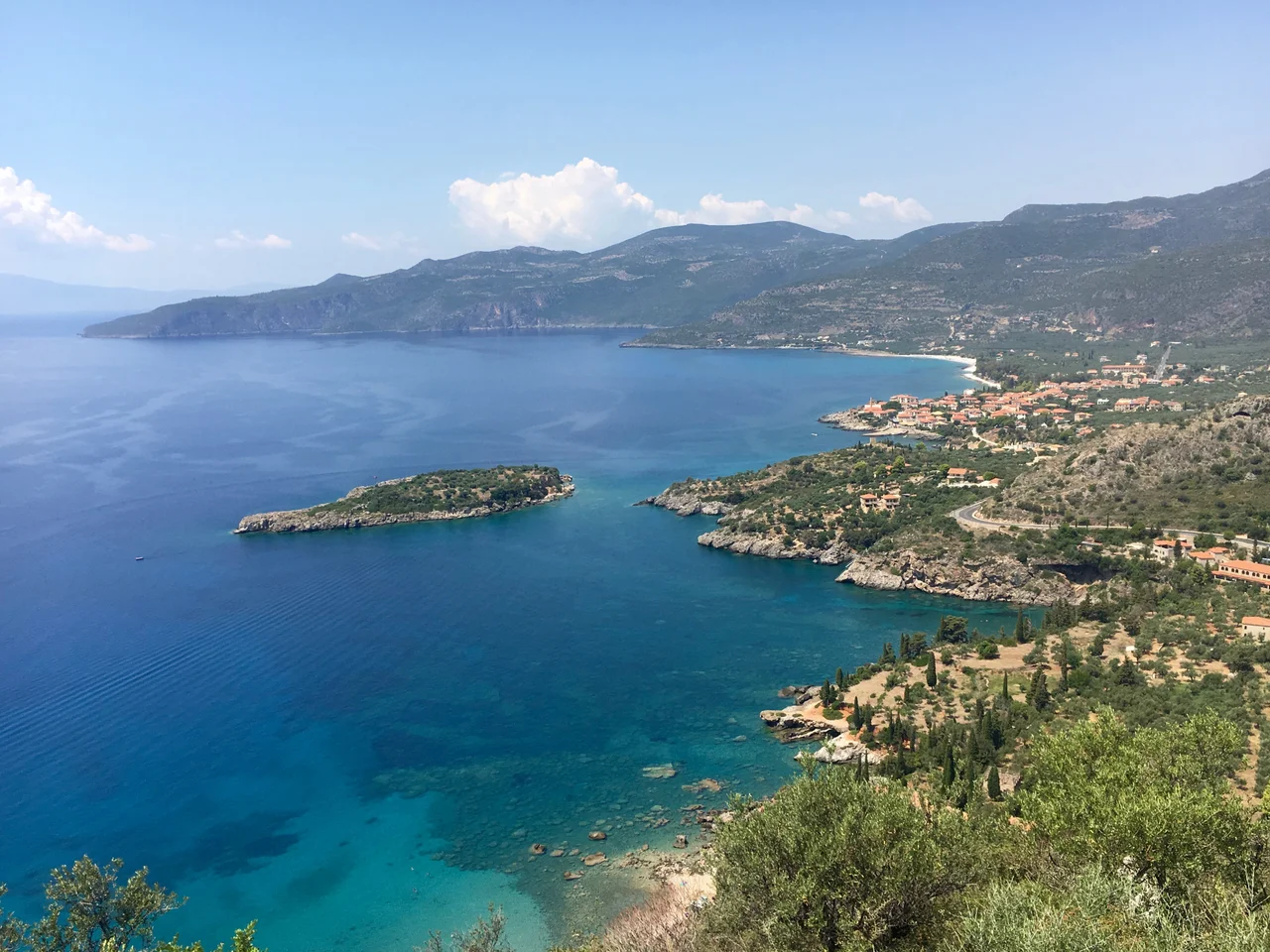 View of Kardamyli, Greece from Proastio on a cliff to the south