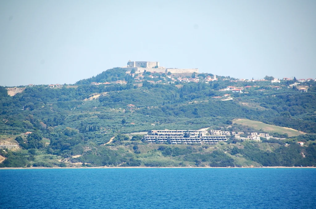 The 800-year-old Frankish castle of Chlemoutsi dominates the skyline as the ferry from Kyllini to Zakynthos sets off on its crossing.