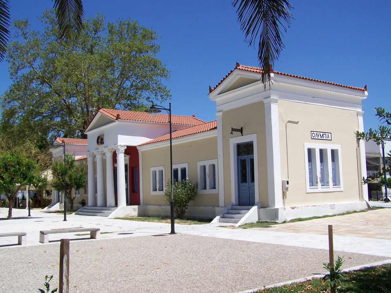 Train station in Olympia, Greece. Greek name “ΟΛΥΜΠΙΑ”.