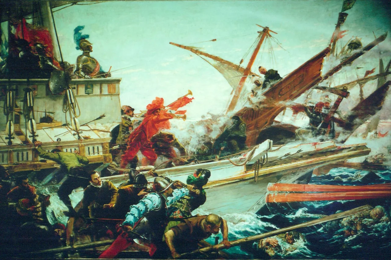 El lienzo representa la batalla de Lepanto, que se libró el día 7 de octubre de 1571 en el golfo de Lepanto frente a la ciudad de Naupacto (o Lepanto, del italiano y ahí al español), situado entre el Peloponeso y Epiro, en la Grecia continental.
Se enfrentaron en ella los turcos otomanos contra una coalición cristiana, llamada Liga Santa, formada por el Reino de España, los Estados Pontificios, la República de Venecia, la Orden de Malta, la República de Génova y el Ducado de Saboya. Los cristianos resultaron vencedores, salvándose sólo 30 galeras turcas. Se frenó así el expansionismo turco por el Mediterráneo occidental. En esta batalla participó Miguel de Cervantes, que resultó herido, sufriendo la pérdida de movilidad de su mano izquierda, lo que valió el sobrenombre de «manco de Lepanto». Este escritor, que estaba muy orgulloso de haber combatido allí, la calificó como  «la más memorable y alta ocasión que vieron los pasados siglos, ni esperan ver los venideros».