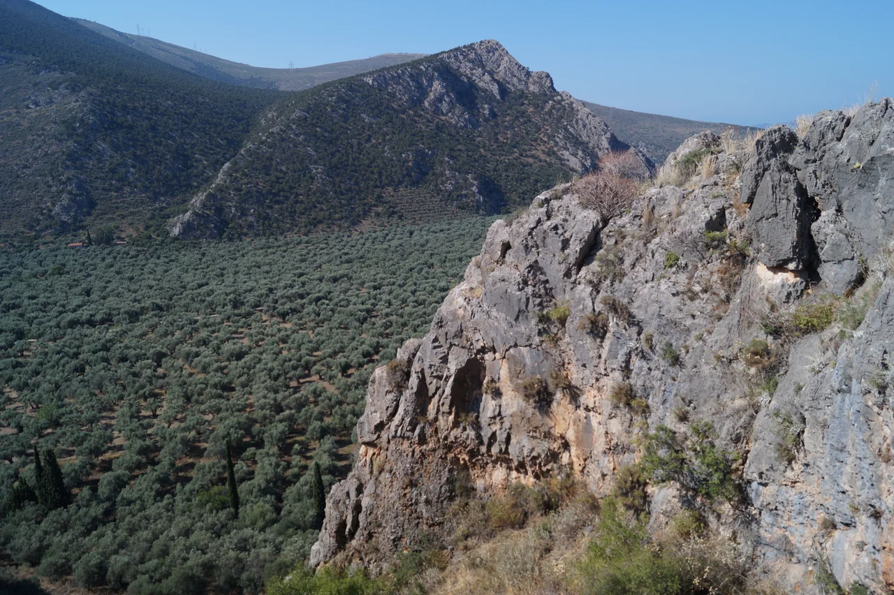 Chrisso, Fokida, Greece: View from the Stefani hill near the church of Agios Georgios to the south down to the Pleistos valley.