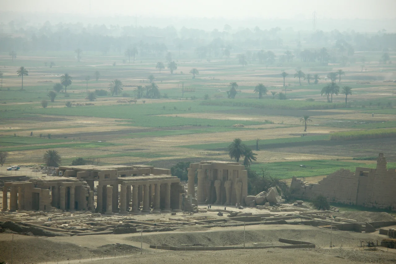The Ramesseum, the Memorial Temple of Pharaoh Ramesses II, panoramic view. Theban Plateau, Theban Hills, Thebes, Luxor, Waset, Egypt.