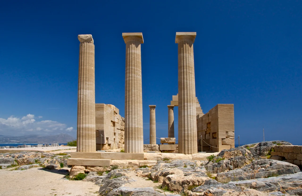 Temple of Athena Lindia, Acropolis of Lindos, island of Rhodes, Greece.