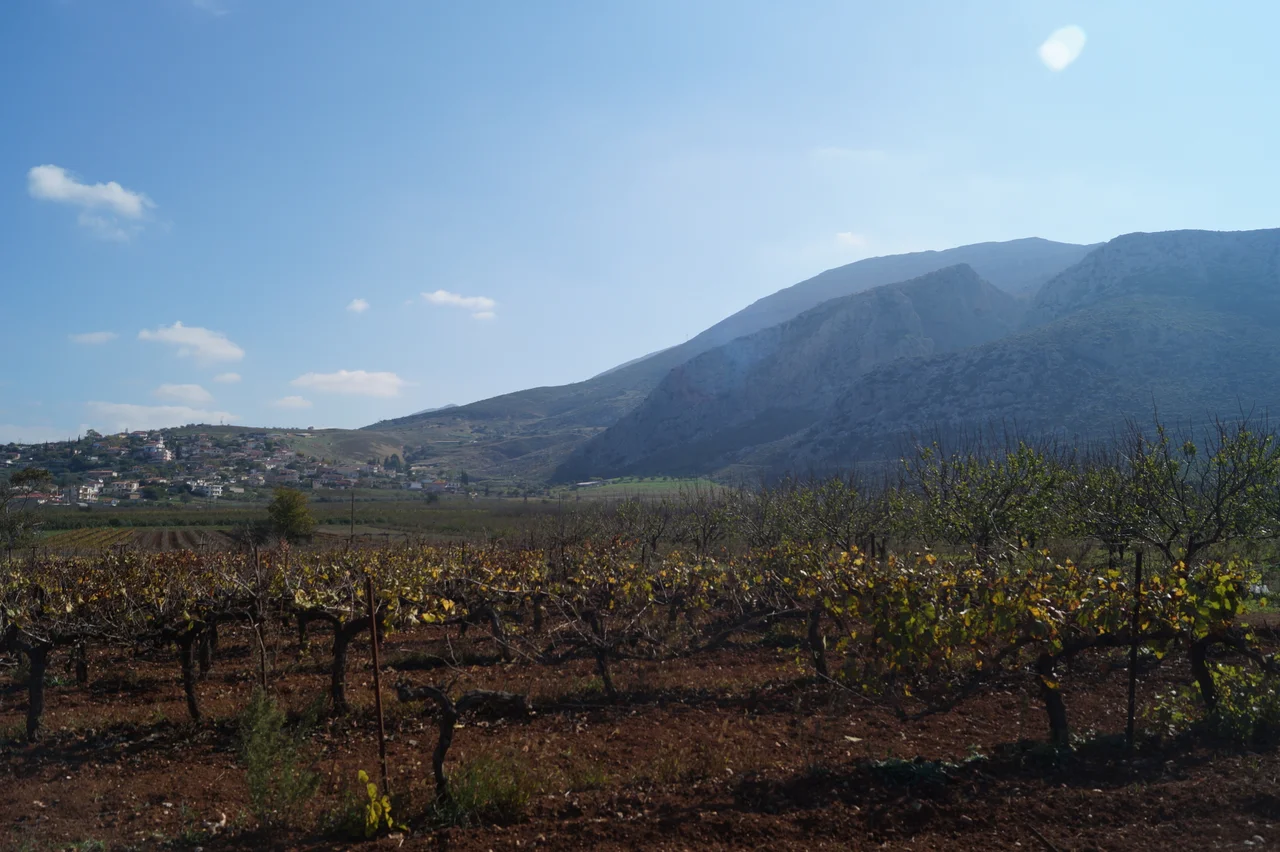 Agios Vasilios, Corinthia, Greece: View from Zygouries to the east on the village of Agios Vasilios and the ledge on which the castle Kastro Agiou Vasiliou lies.