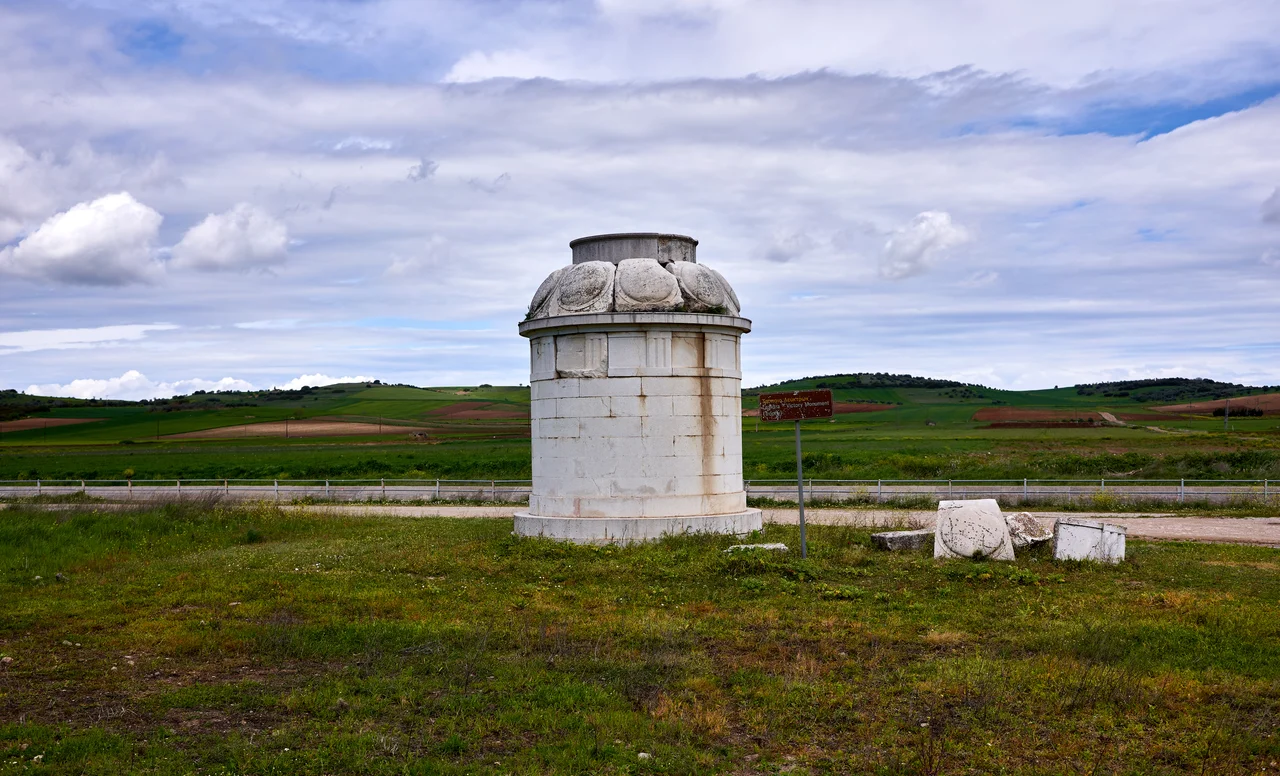 The restored victory monument (tropaion) of the Battle of Leuctra. Lefktra, Boeotia, Greece.