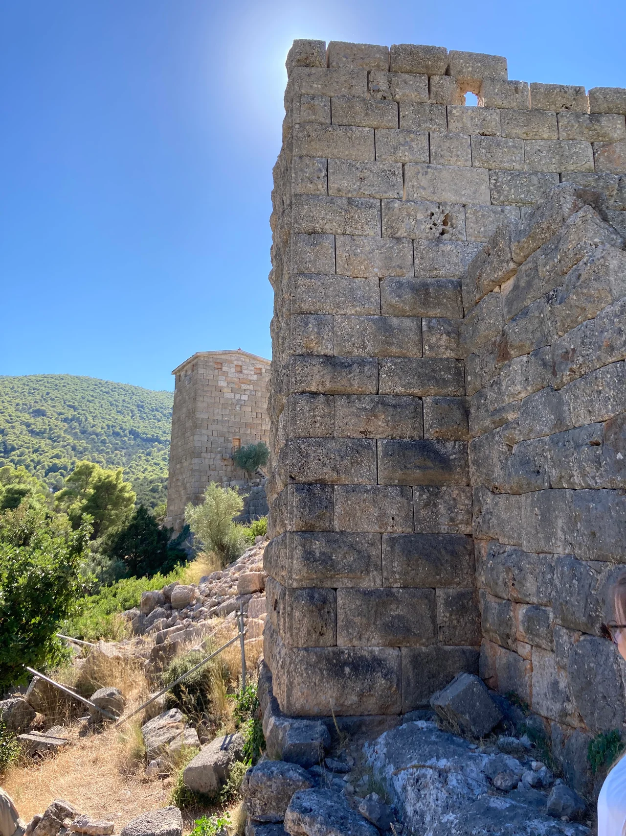 The renovated fortification towers at Aigosthena (modern Porto Germeno) in the Megarid.
