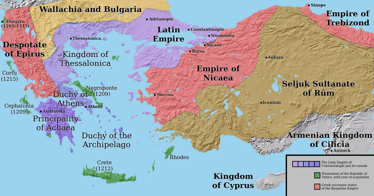 The Latin Empire and the Partition of the Byzantine Empire after the 4th crusade, c. 1204; borders are approximate.