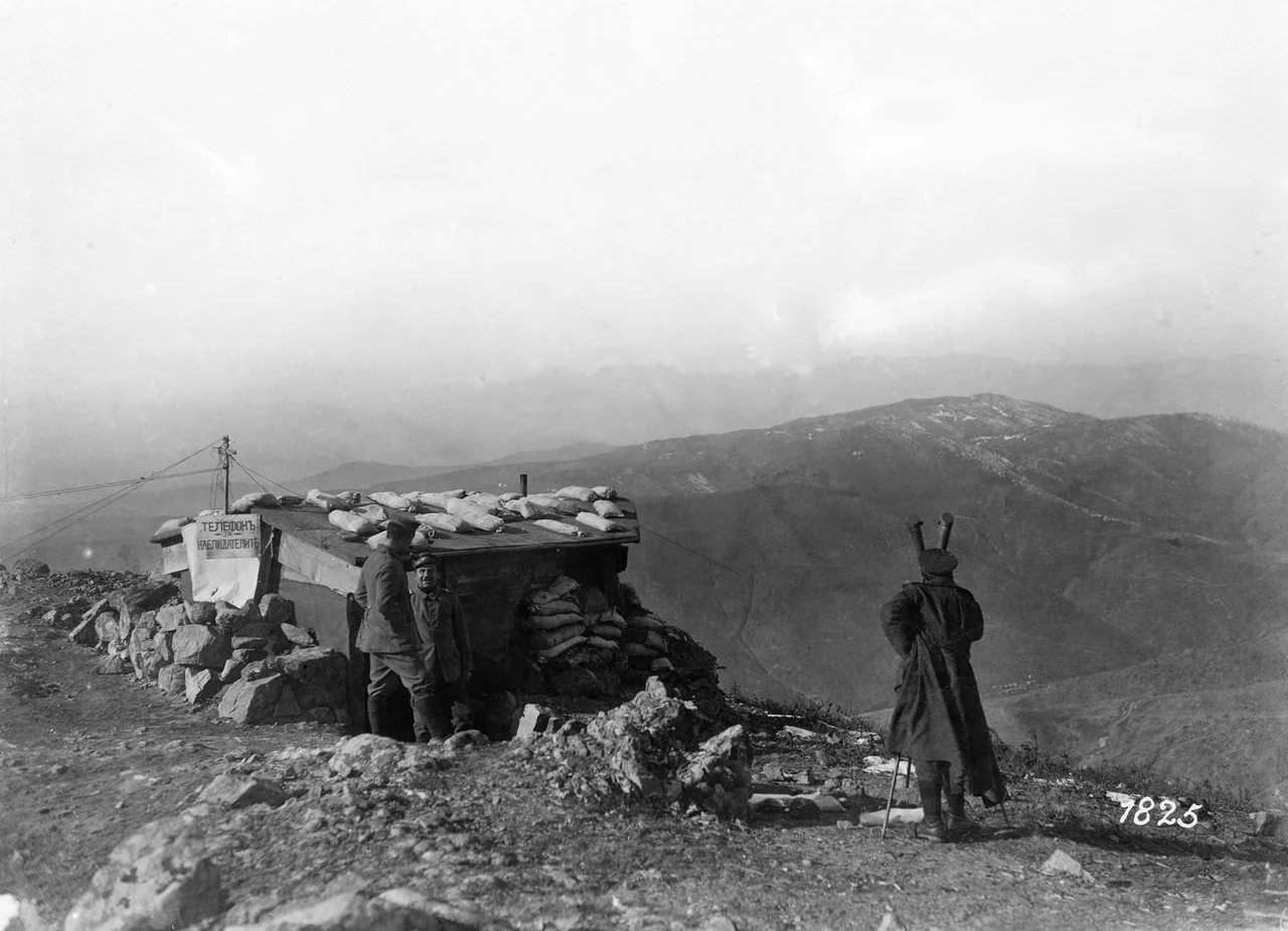 A Bulgarian telephone station with trench periscope observing the enemy's position at the Doiran front, March 1917 (German Official Photograph/National Archives)