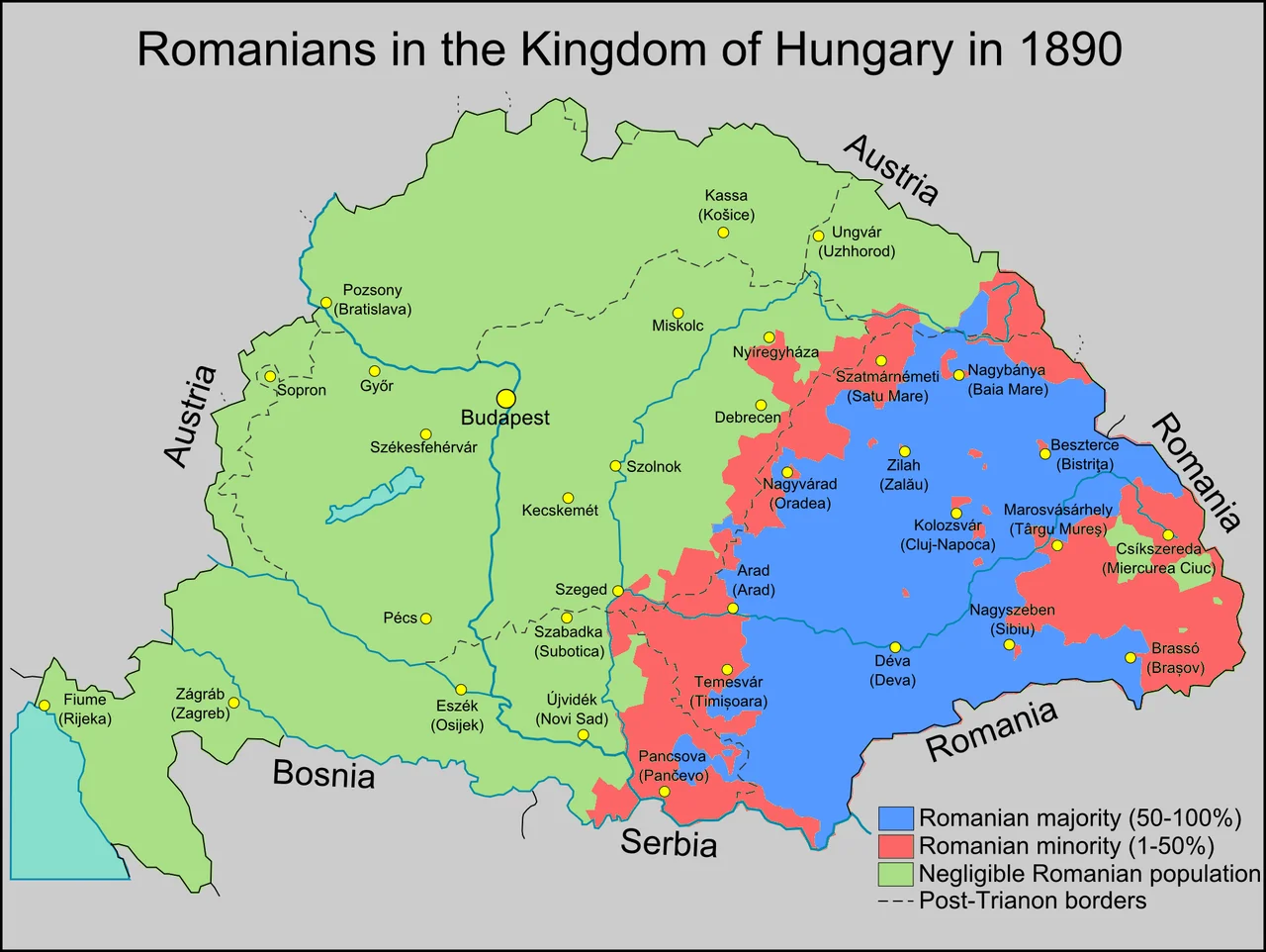 Distribution of Romanian majorities in the Kingdom of Hungay, according to the 1890 census.