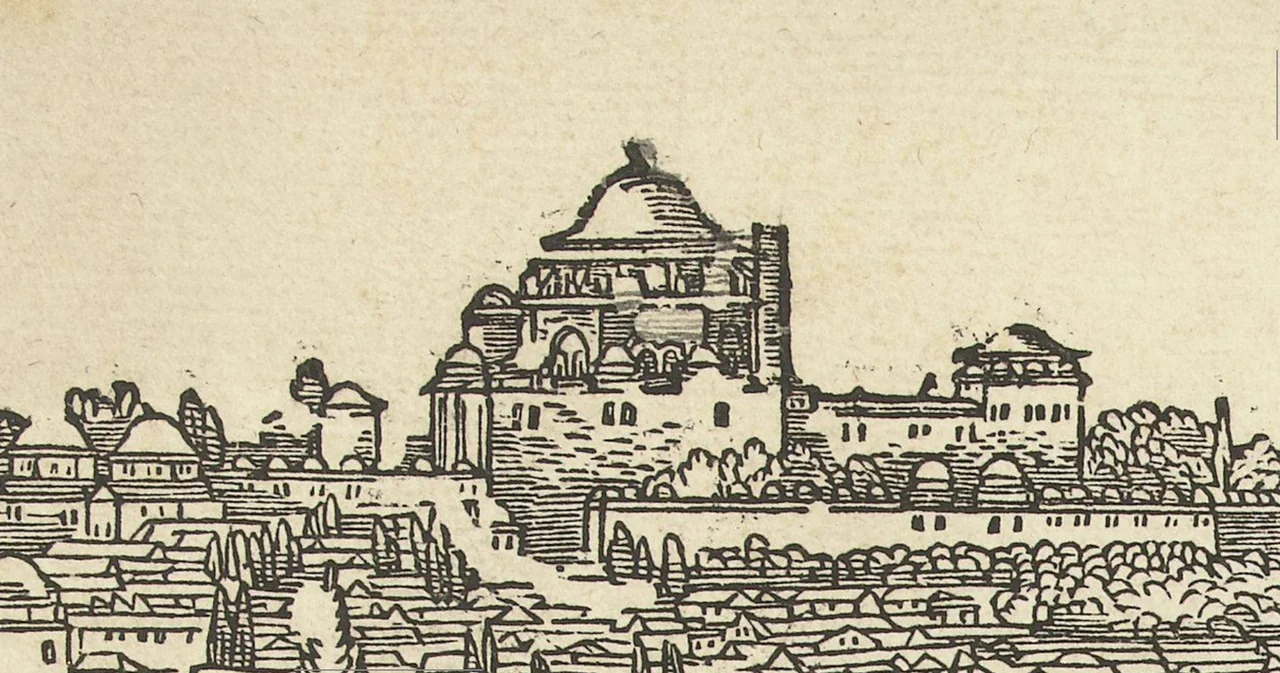 A woodcut by Coecke, made in about 1529, showing the Fatih mosque with its truncated minarets from the effect of the 1509 earthquake in the Sea of Marmara, Turkey.