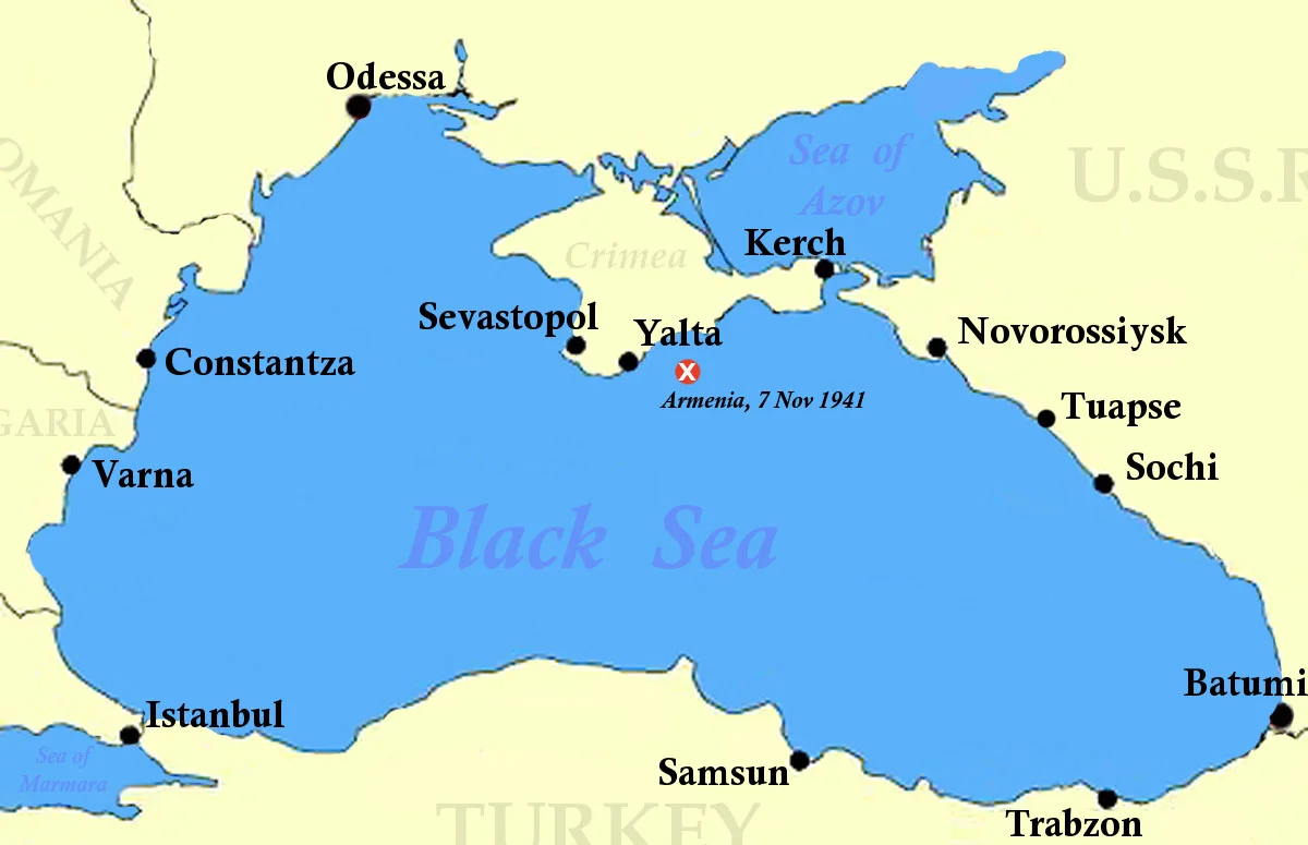 Color map showing approximate site of sinking, MV Armenia, 7 Nov 1941