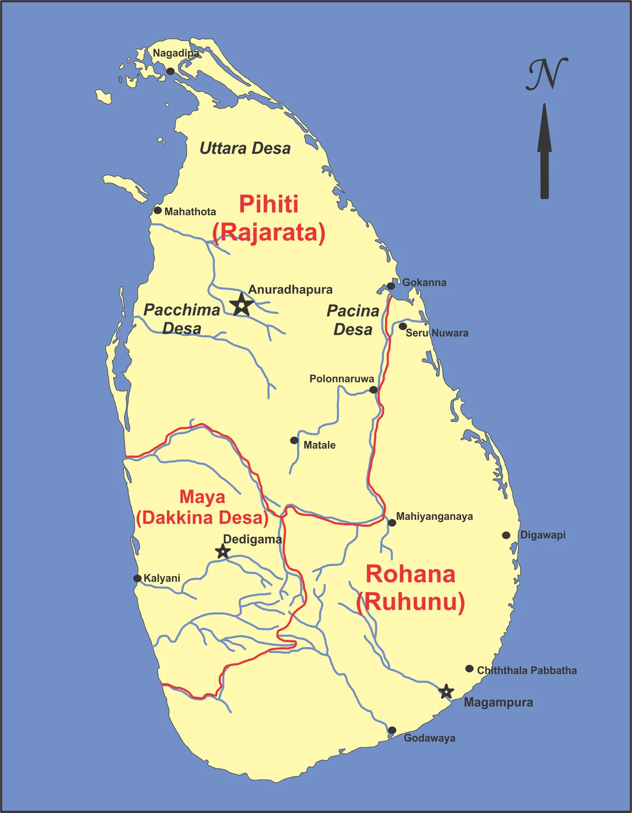 Administrative areas of the Kingdom of Anuradhapura. Rajarata was the personal domain of the King. It was further divided in to four districts (Desa): Dakkina, Pachhima, Uttara and Pacina Desa. District rulers were appointed bu the king and were the chief adminstrative, revenue and judicial officers in the area. It became customary to appoint the heir to the throne as ruler of the Dakkina Desa and as he was called Mahaya or Mapa, Dakkina Desa came to be called the Mayarata.
Source: 'Ceylon and Indian History', LH Horace Perera &amp; M Ratnasabapathy. (1954), p191-192.
