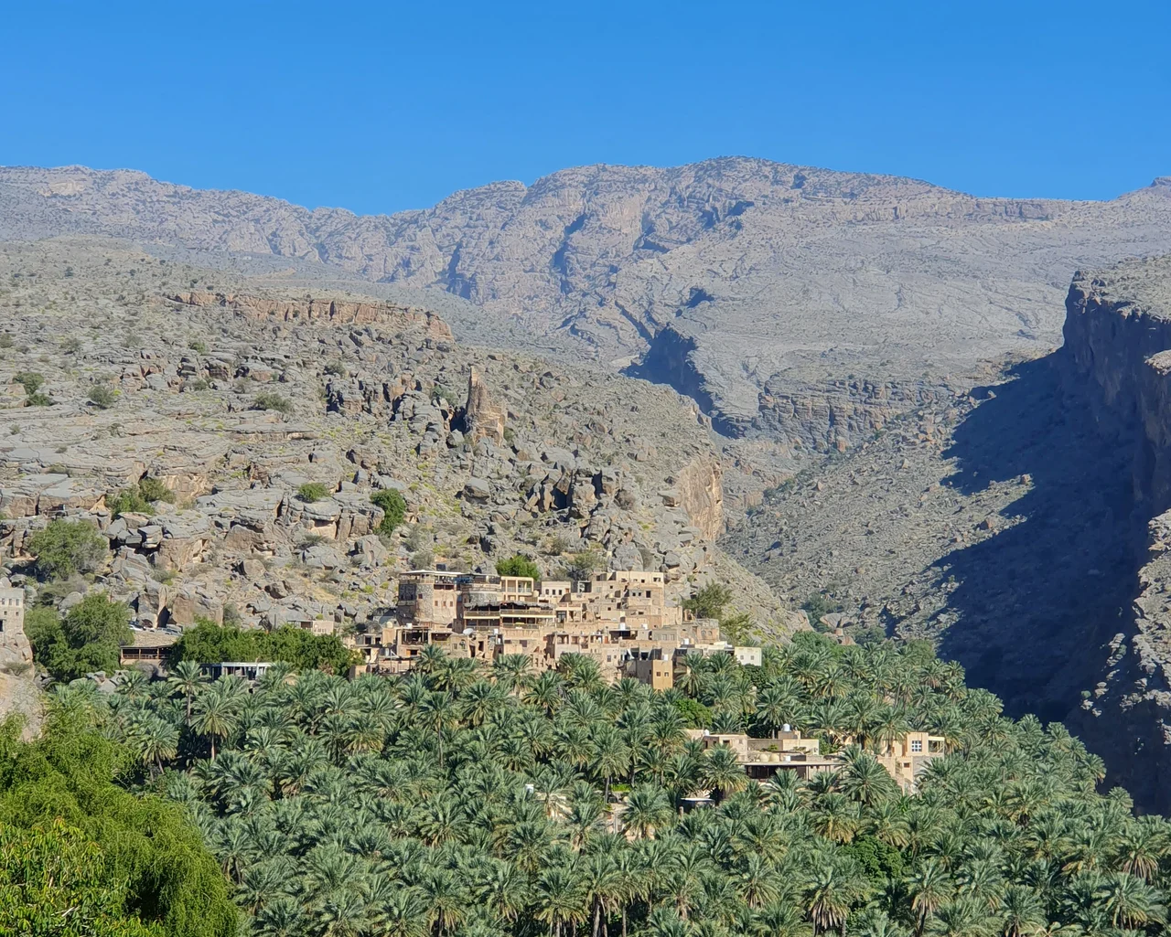 View on the village and oasis of Misfat al Abriyeen in Oman