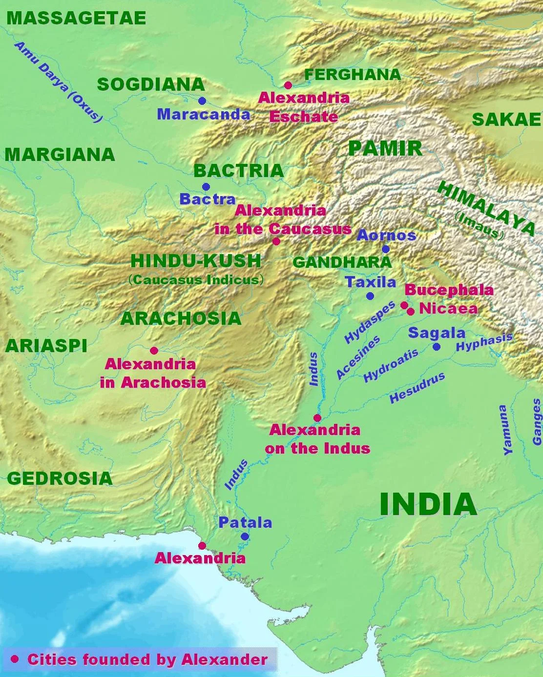 Map of Alexander's campaigns in India. Personal creation 2007. Reference "Diodorus of Sicily", Harvard University Press.