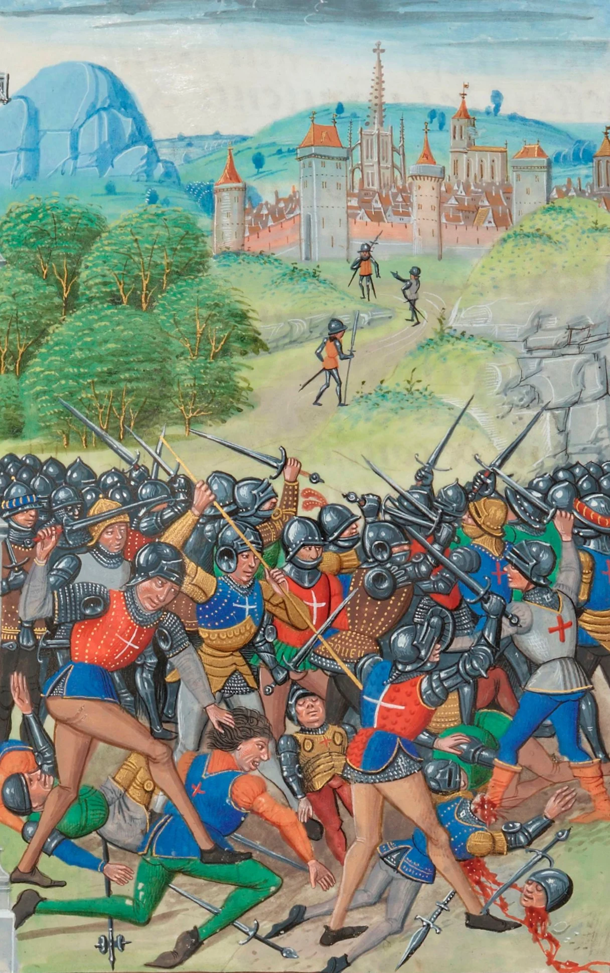 This image is taken from an illuminated manuscript in which we also see anointing of Pope Gregory XI. This cropped image shows : Battle of Pontvallin in 1370.