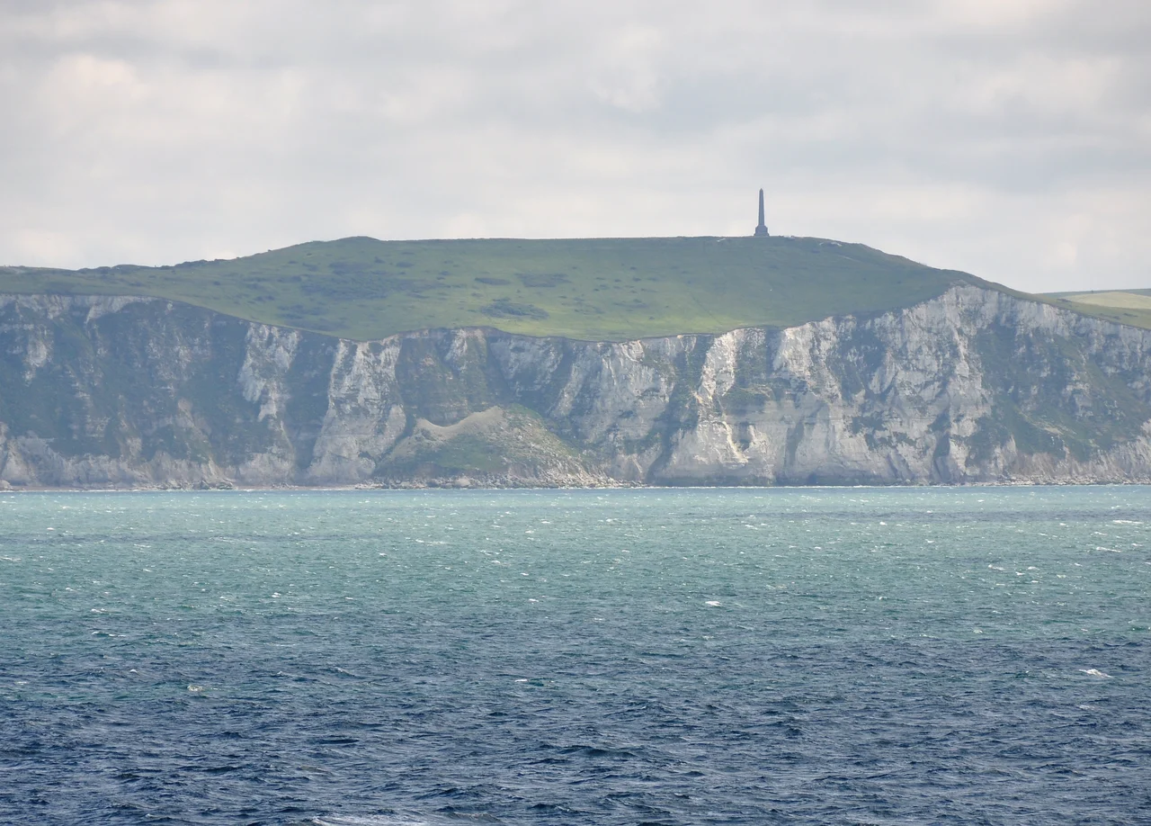 The Dover Patrol memorial at Cap Blanc Nez, seen from a cross-channel ferry.