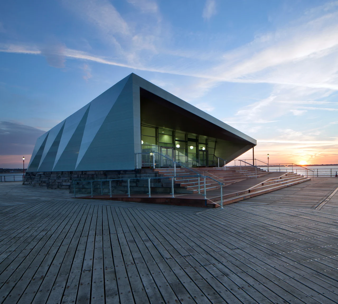 Southend Pier Cultural Centre showing the side elevation at Sunset