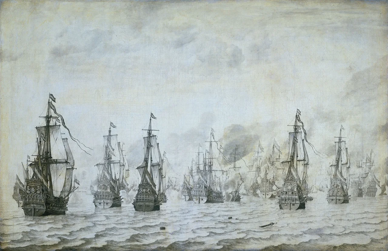 overzicht van de schepen voor aanvang de zeeslag met v.l.n.r. de ‘Rotterdam’, de ‘Nassau’, de ‘Prins Hendrik’, de ‘Deventer’ en de ‘Aemilia’