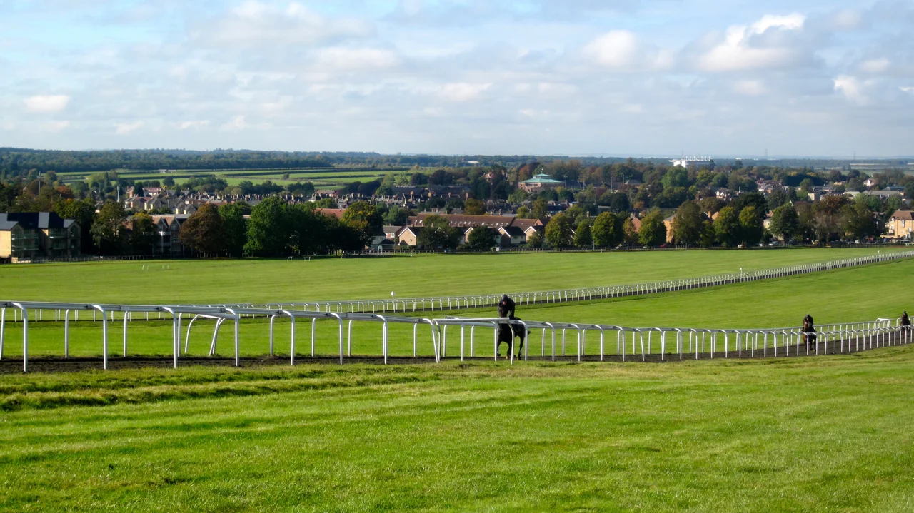 A view of Newmarket, Suffolk, UK, showing horses galloping up part of the Long Hill training grounds, with Tattersalls auctioneers, racing stables, studs and the Rowley Mile Racecourse in the background