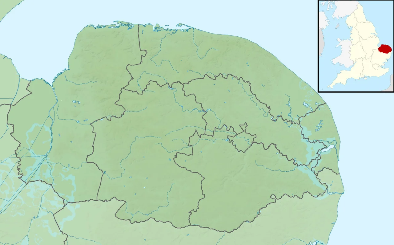 Relief map of Norfolk, UK.
Equirectangular map projection on WGS 84 datum, with N/S stretched 160%
Geographic limits:
West: 0.12E
East: 2.00E
North: 53.05N
South: 52.32N