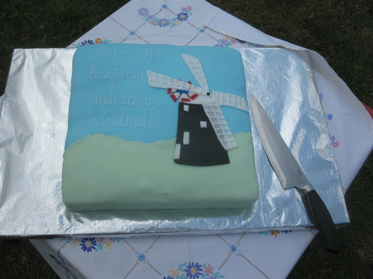 The birthday cake made to celebrate the 200th birthday of Thelnetham Windmill, seen before it was cut and eaten.