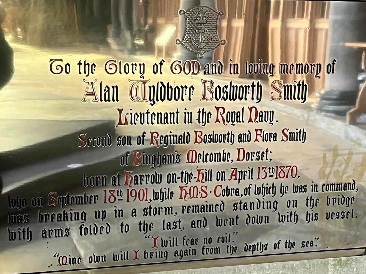Plaque to Lt Smith in Salisbury Cathedral Wiltshire
