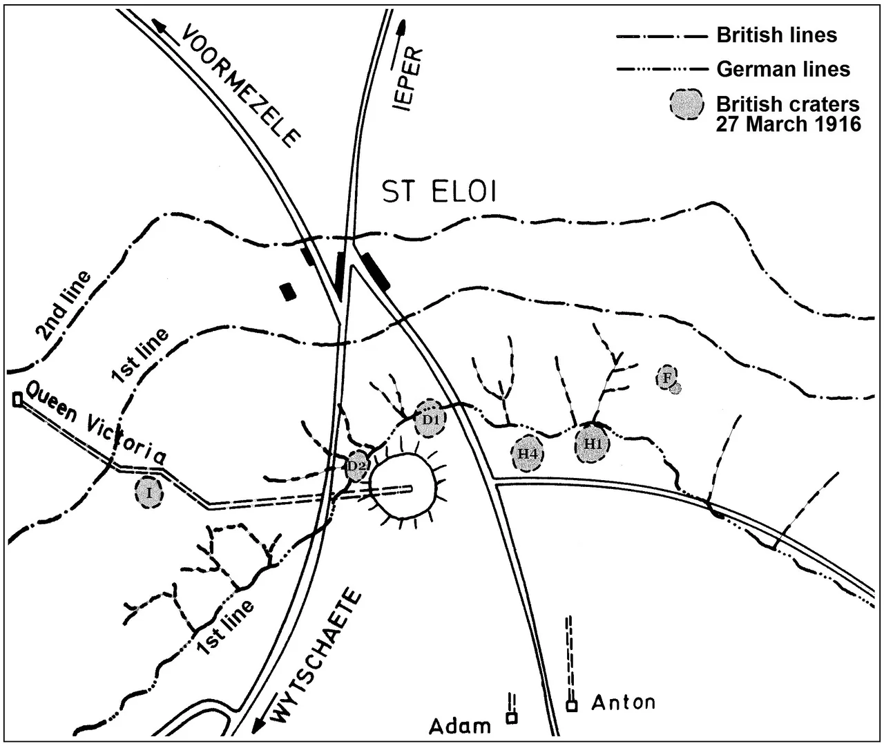 Map of St Eloi with evidence of British mining: craters of the six mines fired on 27 March 1916 at the start of the Battle of St Eloi Craters and plan of the deep mine dug from the "Queen Victoria" gallery and fired on 7 June 1917 as part of the mines placed by the tunnelling companies of the Royal Engineers in the Battle of Messines. This drawing is based on the plans published in Roger Lampaert, De Mijnenoorlog in Vlaanderen 1914–1918, Roesbrugge/Belgium (Drukkerij Schoonaert) 1989; and Simon Jones, Underground Warfare 1914-1918, Barnsley (Pen &amp; Sword Books) 2010, p. 100