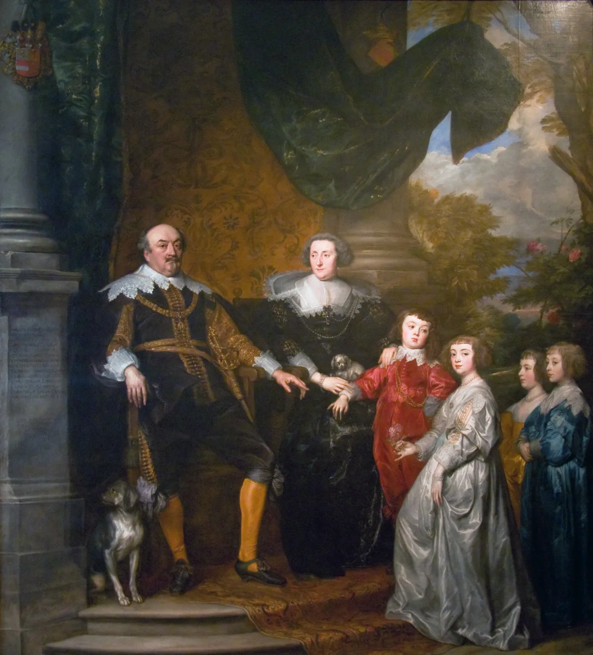 Jan VIII 'the Younger', count of Nassau-Siegen with his family
oil on canvas
292 x 264 cm
inscribed b.l.: IOANNES COMES DE NASSAV / CATZENEILENBOGEN VIANDEN / DIETZ , & EQVES AVREI VELLER/IS, CAPITAN EVS GENERALIS / EQVITATVS REGII IN BELGIO / ET CÆCAREORVM EXERCITVS / VM MARECHALLVS GENERA / LIS: CVM COIVGE ERNESTINA / YOLANTA PRINCIPE DE LIGNE &c / EX QVA ILLI HI LIBERI SCLT: / CLARA MARIA ERNESTINA / LAMBERTA ALBERTA. ET / FRANCISCVS IOANNES NASSA/VIÆ. COMITES NATI SVNT: QVORVM MEMORIÆ HÆC / TABVLA DEDICATA EST / ANNO CHRISTI M.DC./ XXXIV
1634