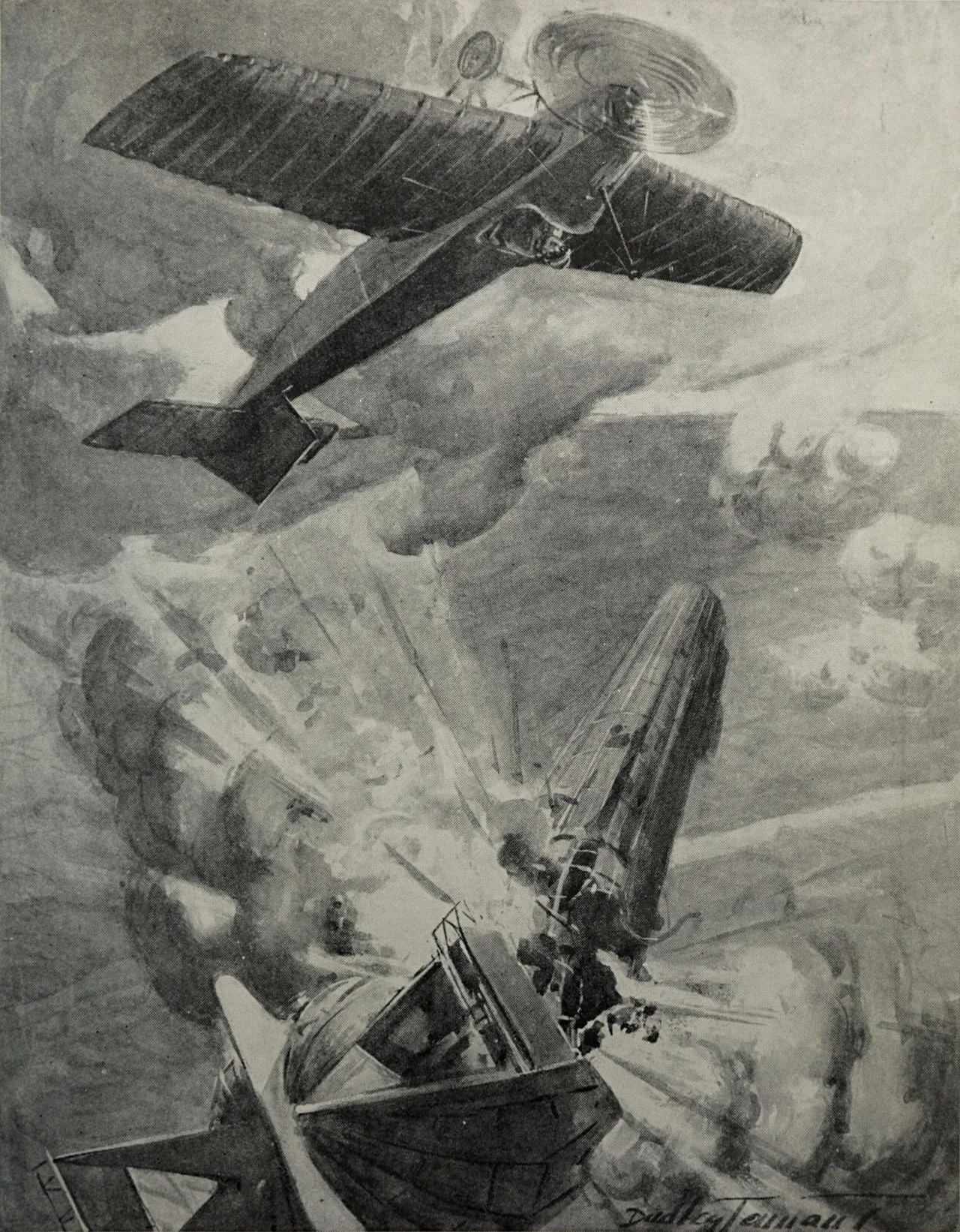 An artist's impression of the destruction of German Zeppelin LZ37 by Sub-Lieutenant Reginald Warneford on 7 June 1915.
Drawing from The War Illustrated, 19 June 1915. Caption reads:

The Great Aerial Exploit of Lieut. Warneford: For skill and daring the magnificent exploit of Flight Sub-Lieut. Warneford, V.C., has rarely been equalled.  While flying at a great height between Bruges and Ghent he encountered a Zeppelin.  Quickly rising above it, he swooped down and launched bombs on the massive airship.  A loud explosion followed, and the Zeppelin caught fire and fell to earth.  The explosion caused the British machine to turn several somersaults, during which the petrol escaped from the rear tank and the pilot had to descend in the German lines.  He managed to refill the empty tank, restart his engine, soar again into the air, and return safely to the British lines.  Within thirty-six hours after his heroic deed the King had conferred the V.C. on the young aviator.