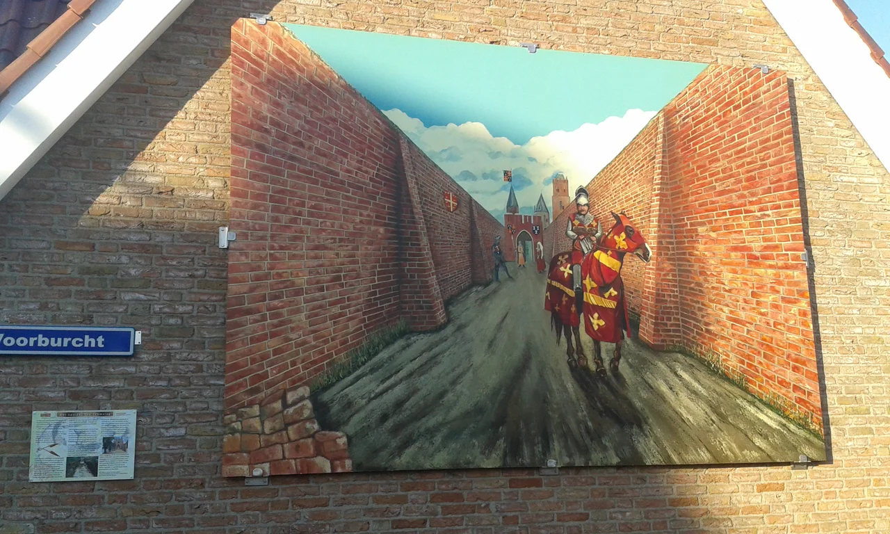 Reconstructie van de entree van het kasteel van Zaamslag rond 1400, door Kunstcollectief Zaamslag in opdracht van Stichting Zaamslag 850 jaar (2014). Op basis van opgravingsresultaten.