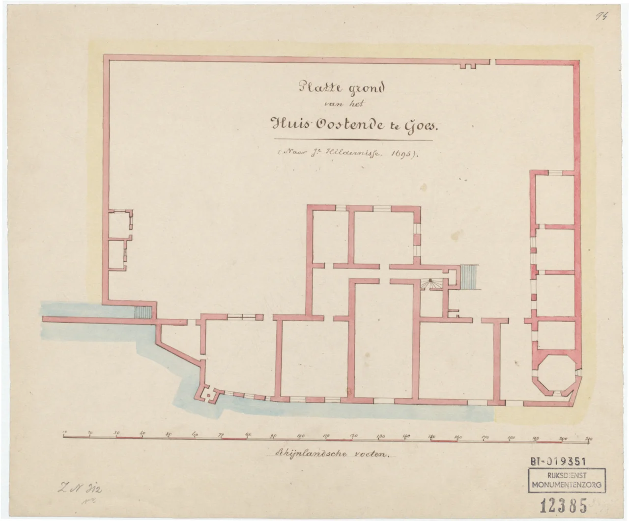 Oostende Castle in Goes by Hildernisse. This is a copy of the work that Hildernisse made in 1695. 
Note that Hildernisse or his copyist had a strong tendency to regularize buildings. I.e. draw an angle at 90 degrees, even its obviously not the case.
