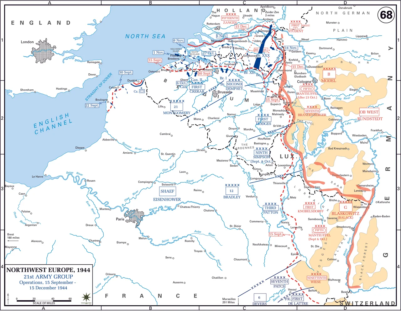 21st Army Group Operations, 15 September-15 December 1944. Allied formations and advances are depicted in blue. German formations are depicted in red.