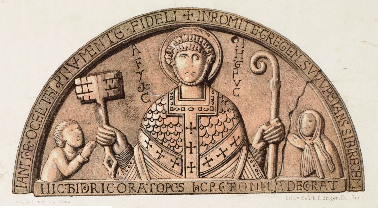 Chromolithography of the tympanum of Egmond Abbey printed by Emrik &amp; Binger, Haarlem