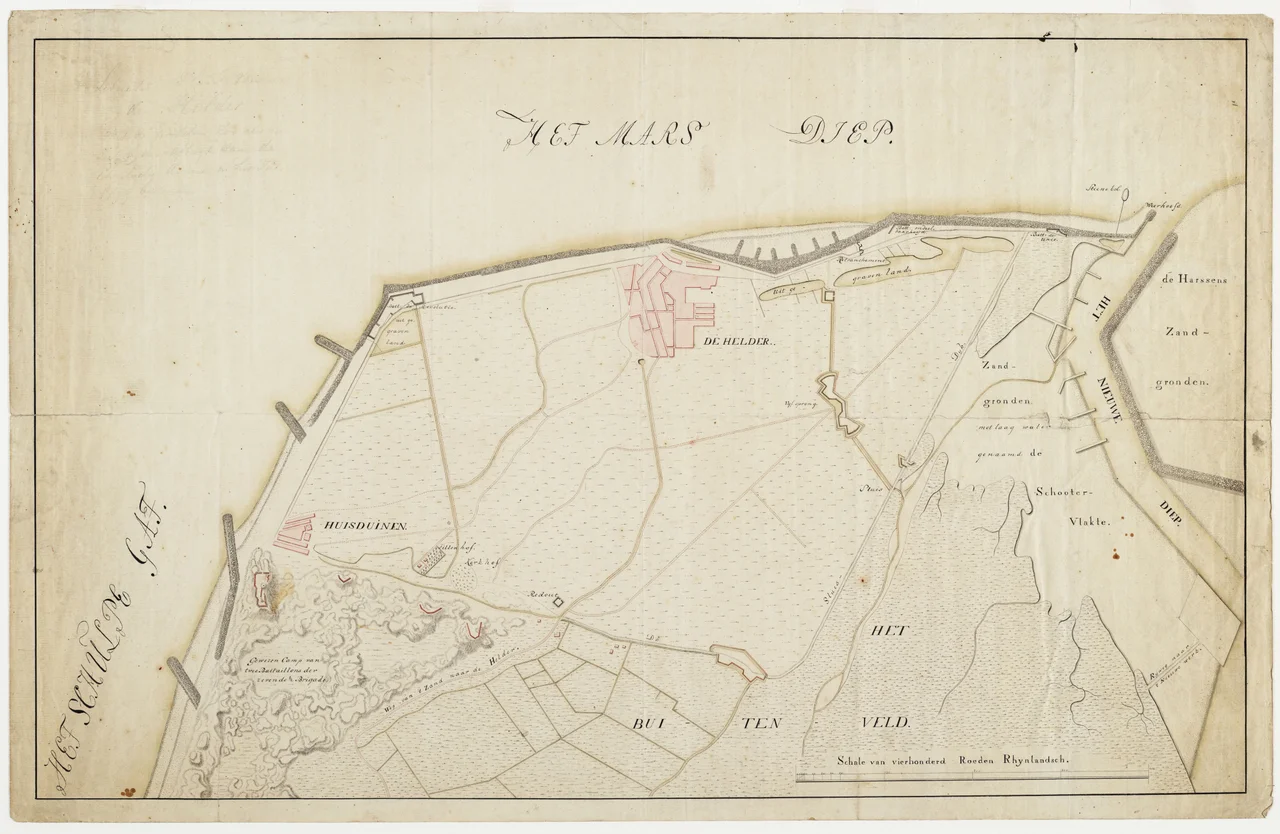 Linksboven dun met potlood: "Situatie Plan van den Helder met de polder Zoo als die zich bij den aftogt van de Engelsche Armee in het jaar 1799 bevond". Getekend op een schaal van 400 Rijnlandse Roeden.
Vervaardiger: Onbekend

Catalogusnummer: PR 1005089