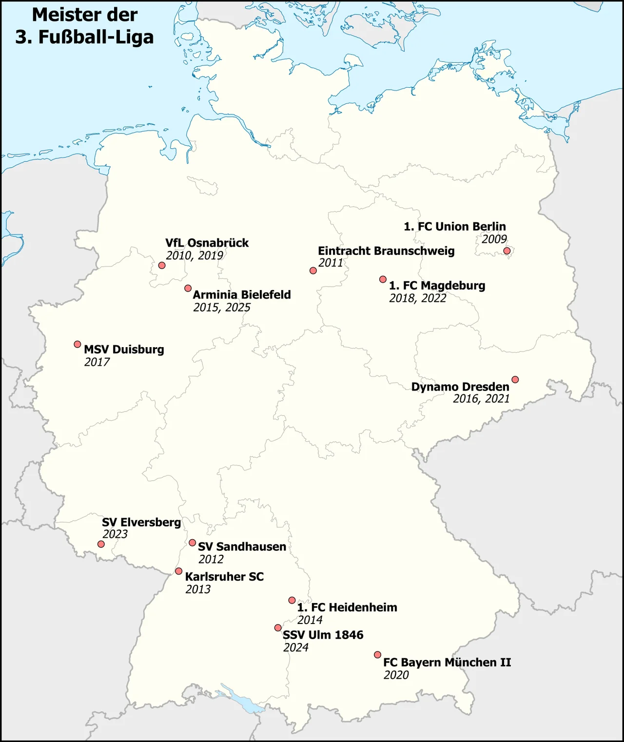 Map of German Third-League Soccer Champions, starting 2009