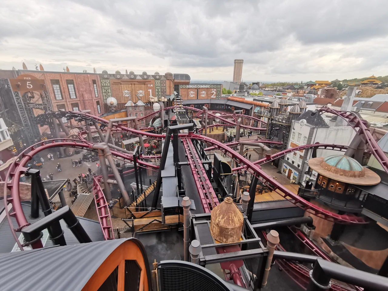 Roller coaster F.L.Y. at theme park Phantasialand - overview from Hotel Charles Lindbergh