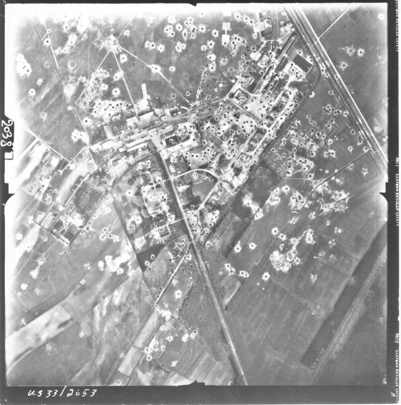 aerial photograph (part 1) of Lippstadt a/f (Germany) with damages after air attack on 05 October 1944. Taken by by 33th Photo Recc. Squadron / 363rd Photo Recc. Group / XXIX. TAC [Tactical Air Command] on behalf of 9th U. S. Army
