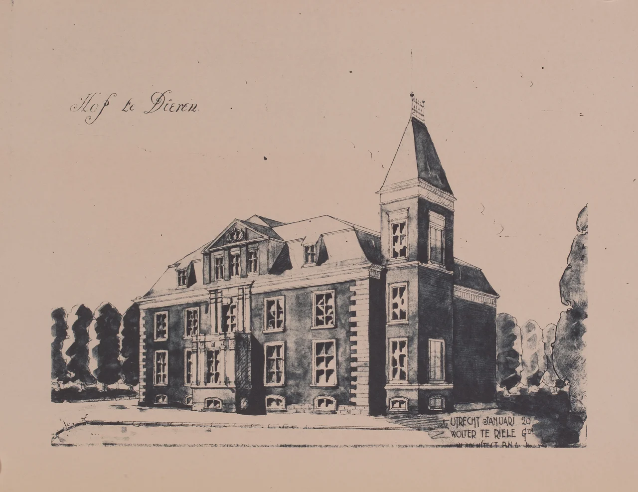 Tekening van het voormalige Hof te Dieren in januari 1920
