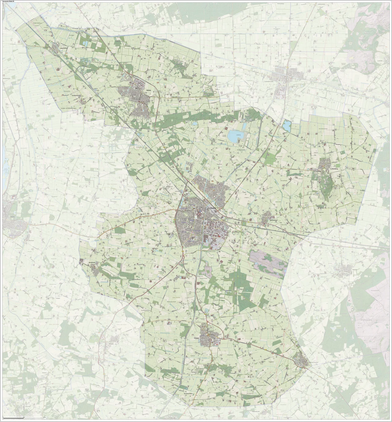 Topografische gemeentekaart. Resolutie: 400 pixels/km.
Kaartbeeld samengesteld uit de open geodata van de Top10NL en Top25namen (Kadaster), Creative Commons-BY licentie. Gebouwvlakken uit open geodata BAG extract. Wegen uit de OpenStreetMap, OpenStreetMap community. Reliëfschaduw uit de Actuele Hoogtekaart AHN2.
Samenstelling en kleurenschema: Jan-Willem van Aalst, met QGIS. Zie ook de Legenda.