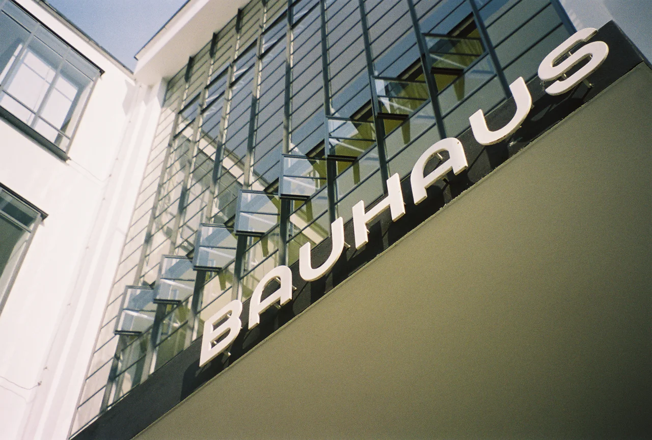 Type designed by Herbert Bayer for the Bauhaus in Dessau, above the entrance to the workshop block. Jim Hood, May 2005.